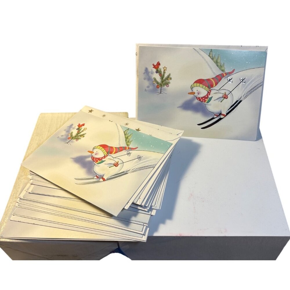 Christmas Cards Set Snowman Skiing Design Set Of 18 w/ Envelopes Vtg Paper Magic
